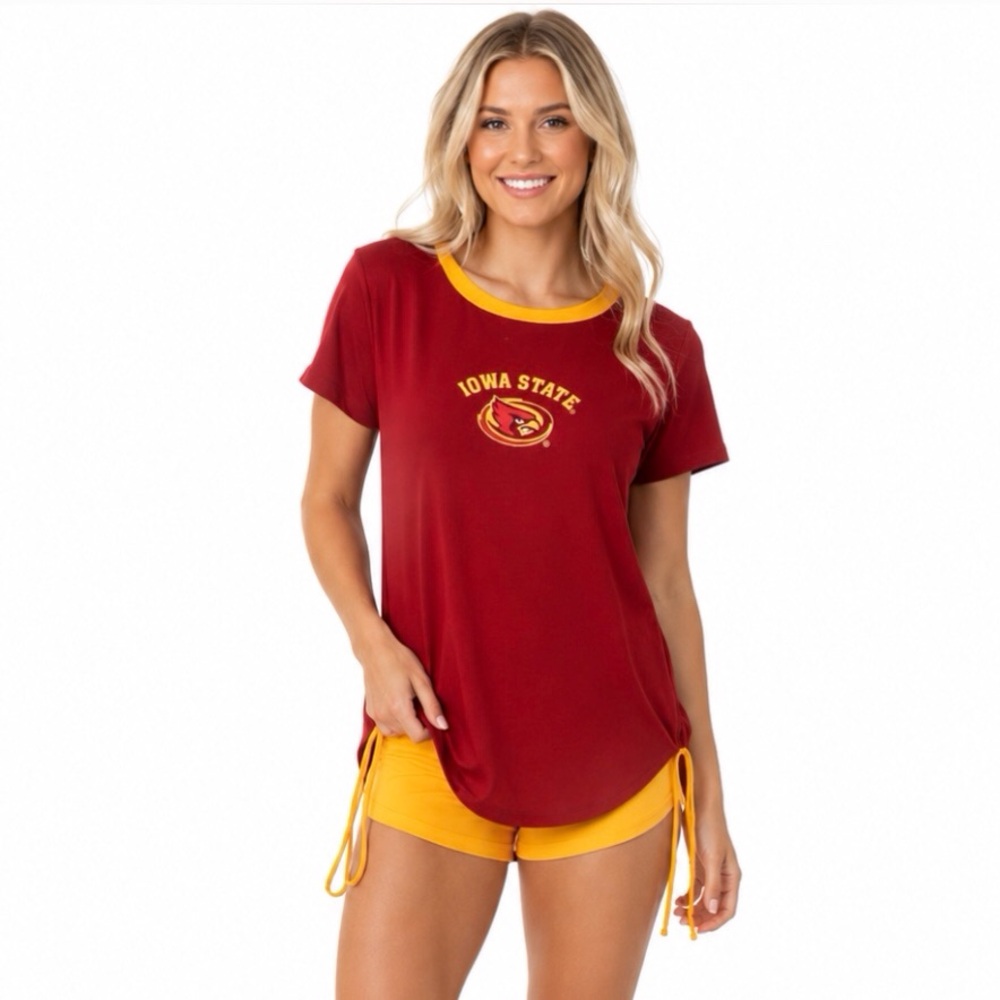 Iowa State Cyclones Womens Top Size Large T Shirt Red Gold Ties Stretchy Klutch